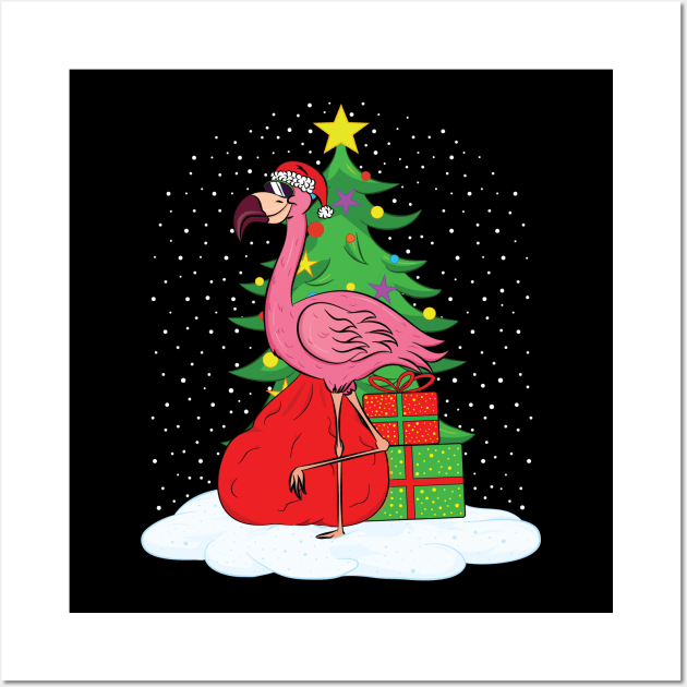 Pink Flamingo with Christmas Tree Wall Art by silentsoularts